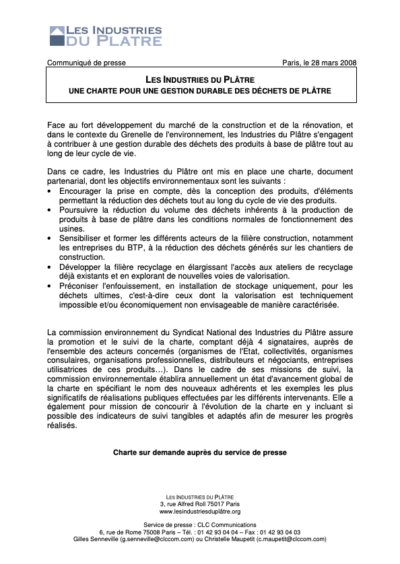 Les Industries du Plâtre, Une charte pour une gestion durable des déchets de plâtre