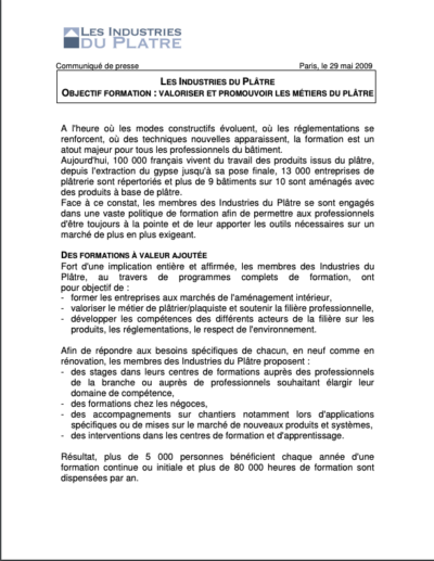 Les Industries du Plâtre, Objectif Formation : Valoriser et promouvoir les métiers du plâtre