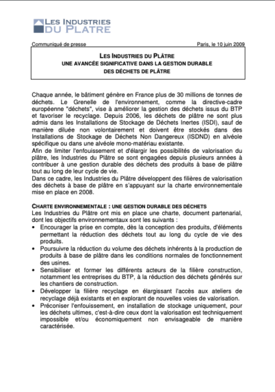 Les Industries du Plâtre, une avancée significative dans la gestion durable des déchets de plâtre