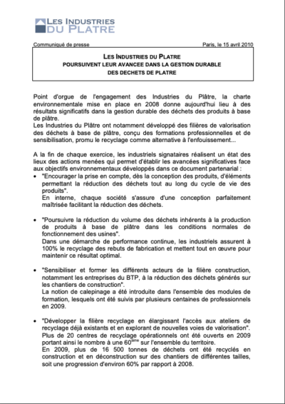 Les industries du plâtre poursuivent leur avancée dans la gestion durable des déchets de plâtre