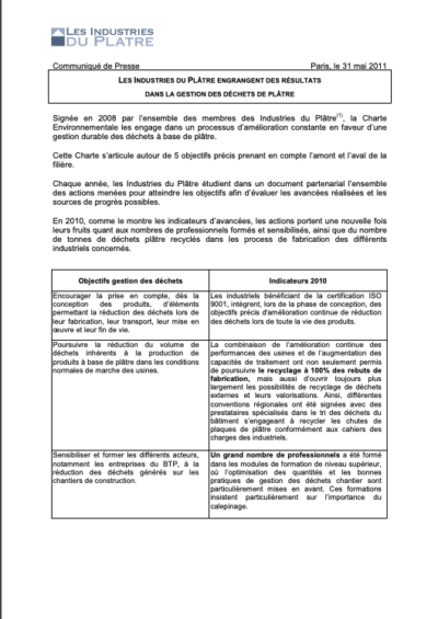 Les industries du plâtre engrangent des résultats dans la gestion des déchets de plâtre