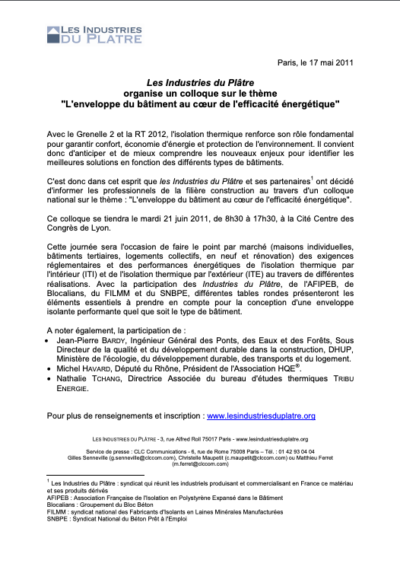 Les Industries du Plâtre organise un colloque sur le thème « L’enveloppe du bâtiment au cœur de l’efficacité énergétique »