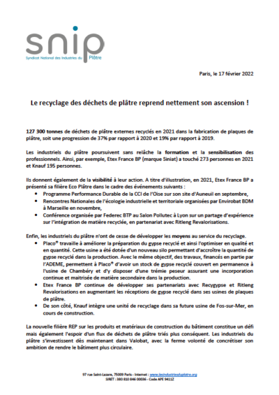 Le recyclage des déchets de plâtre reprend nettement son ascension !