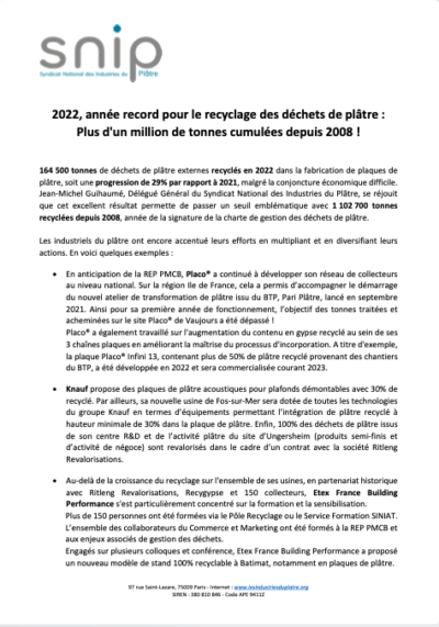 Communiqué de Presse : 2022 année record pour le recyclage des déchets de plâtre