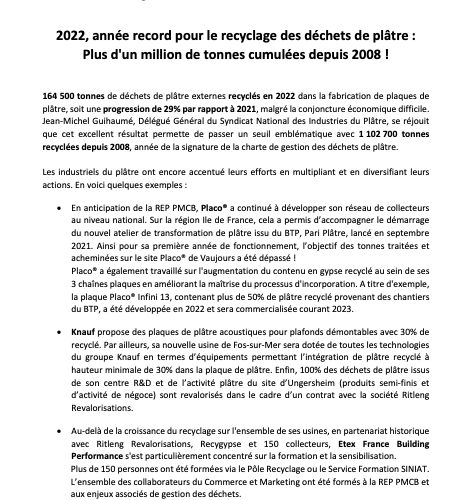 Communiqué de Presse : 2022 année record pour le recyclage des déchets de plâtre