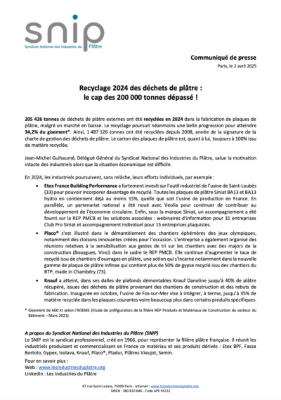 CP – Recyclage 2024 des déchets de plâtre : le cap des 200 000 tonnes dépassé!