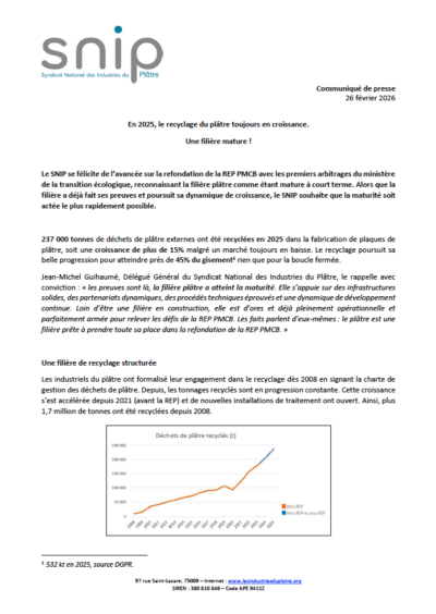 CP – Le recyclage du plâtre toujours en croissance. Une filière mature !